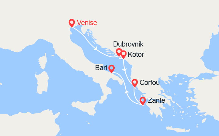 itinéraire croisière Méditerranée Orientale : Croatie, Monténégro, Iles Grecques: de Marghera à Bari 