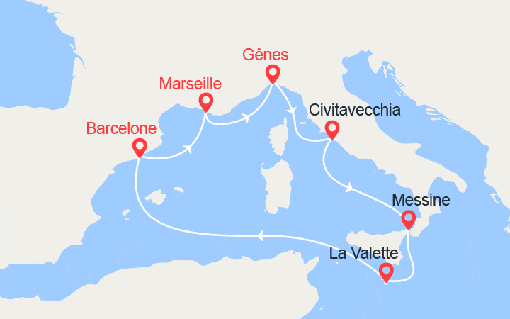 itinéraire croisière Méditerranée Occidentale : Italie, Sicile, Malte, Barcelone 