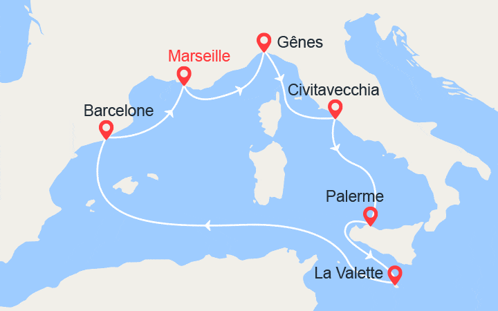 itinéraire croisière Méditerranée Occidentale : Italie, Sicile, Malte, Espagne 
