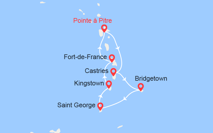 itinéraire croisière Caraïbes et Antilles : Martinique, Guadeloupe, Ste Lucie, Barbade, Grenade, St Vincent 