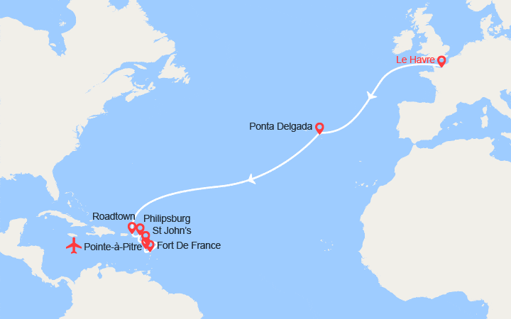 itinéraire croisière Transatlantique : Transatlantique : du Havre à Pointe-à-Pitre || Vol retour inclus 